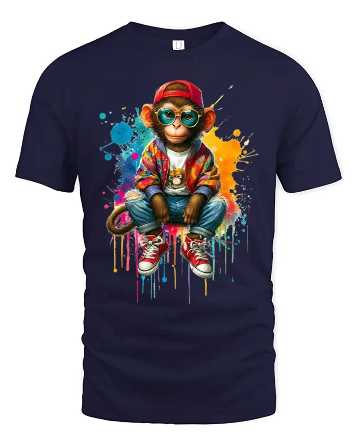 Cute Smiling Baby Monkey Tshirt Adorable Cartoon Jungle Art - navy t-shirt on white background