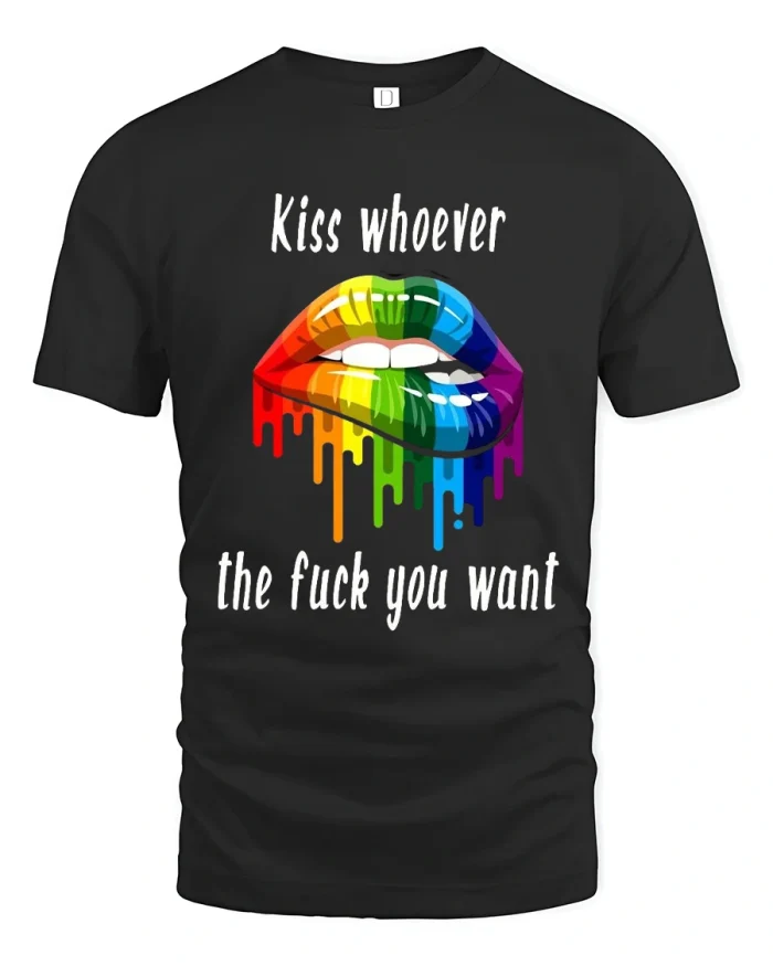 Kiss Whoever You Want Tshirt Rainbow Lips Bold Pride Art - black t-shirt on white background