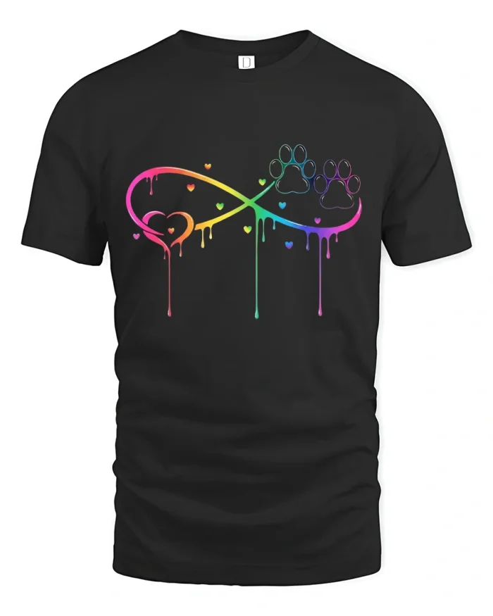 Rainbow Infinity Paw Tshirt Colorful Love Heart Pet Design - black t-shirt on white background