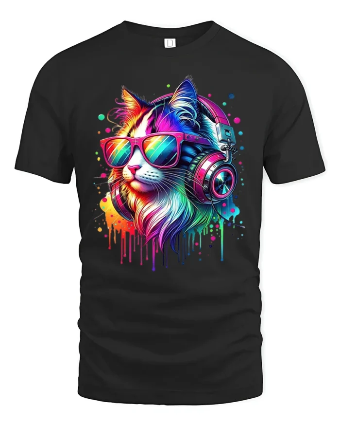 Colorful DJ Cat Tshirt Neon Headphones Cool Music Vibe Art - black t-shirt on white background