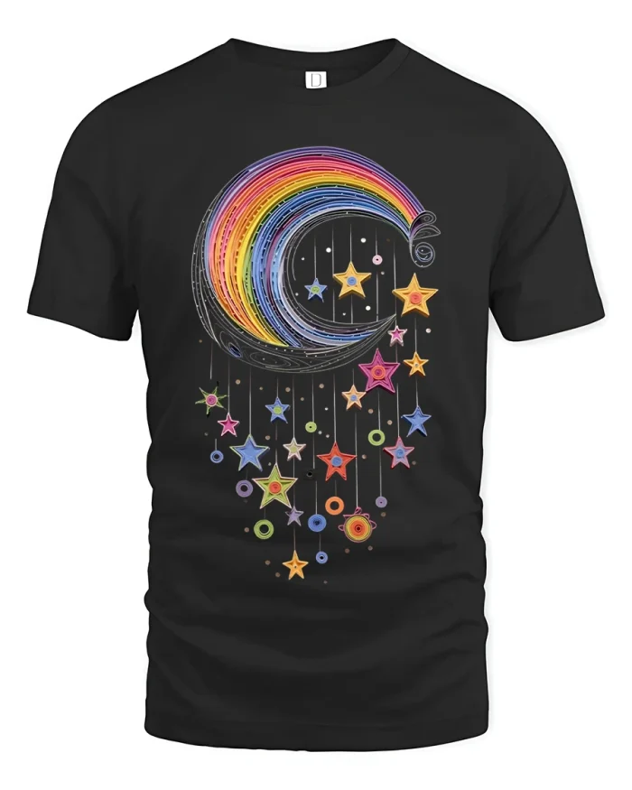 Rainbow Moon Stars Tshirt Dreamy Celestial Art Design - black t-shirt on white background
