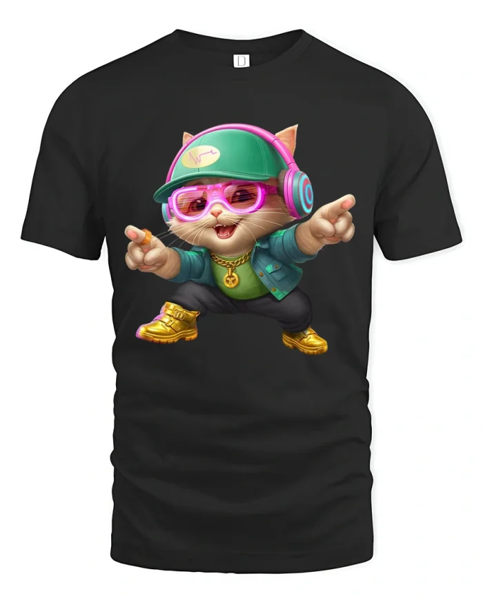 Cool DJ Cat Tshirt Hip Hop Dance Style Neon Street Art - black t-shirt on white background