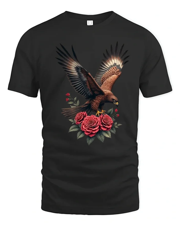 Majestic Eagle And Roses Artistic Graphic Tshirt Nature Art - black t-shirt on white background