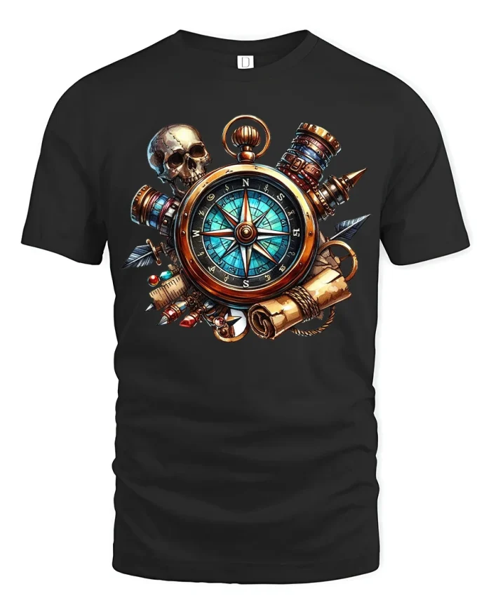 Steampunk Compass Skull Adventure Graphic Tshirt Art Design - black t-shirt on white background