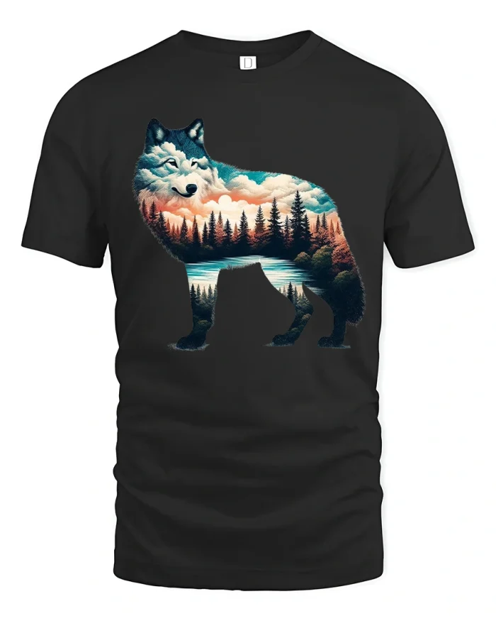 Mystic Wolf Forest Landscape Artistic Graphic Tshirt Design - black t-shirt on white background