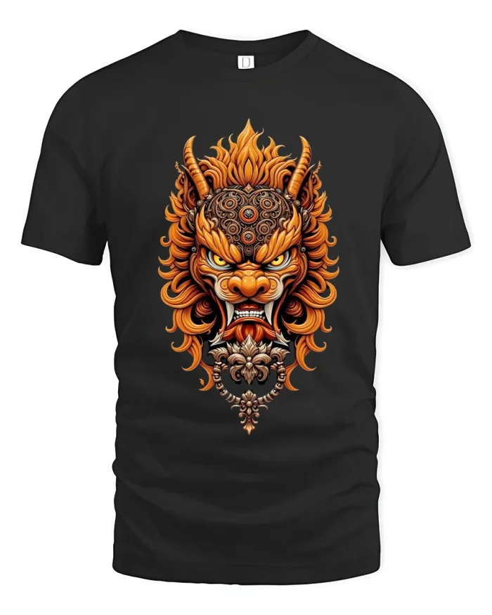 Fierce Guardian Dragon Mask Artistic Graphic Tshirt Design - black t-shirt on white background
