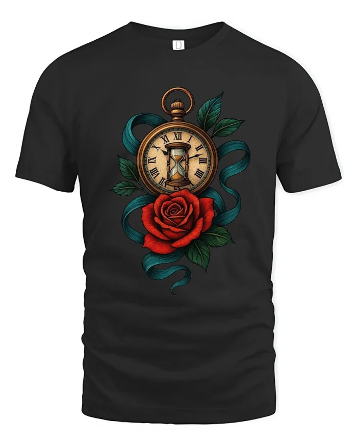 Timeless Rose Pocket Watch Vintage Art Graphic Tshirt Design - black t-shirt on white background
