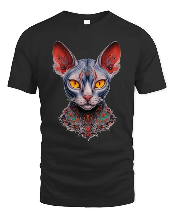 Mystical Sphynx Cat Fantasy Art Graphic Tshirt Design - black t-shirt on white background