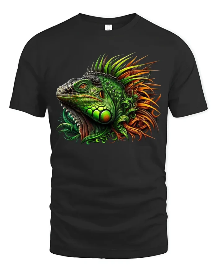 Fierce Green Iguana Art Graphic Tshirt With Vibrant Jungle Style - black t-shirt on white background