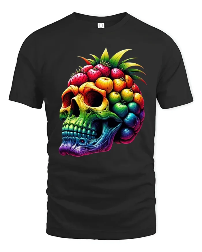 Colorful Fruit Skull Art Graphic Tshirt With Bold Surreal Style - black t-shirt on white background
