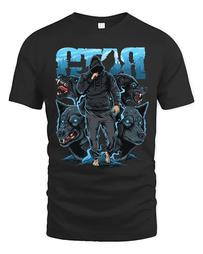 Fearless Wolf Pack Alpha Graphic Tshirt With Dark Street Art - black t-shirt on white background