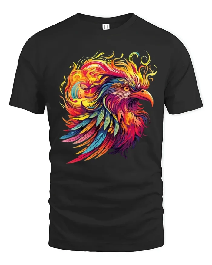 Colorful Phoenix Fire Bird Graphic Tshirt With Bold Artistic Energy - black t-shirt on white background