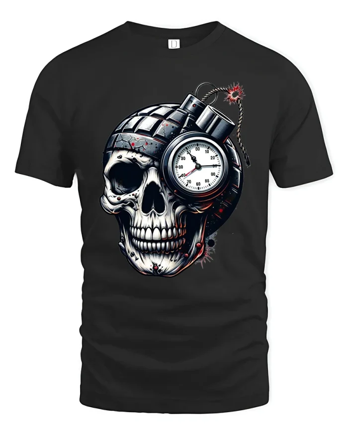 Explosive Time Bomb Skull Graphic Tshirt With Dark Countdown Energy - black t-shirt on white background