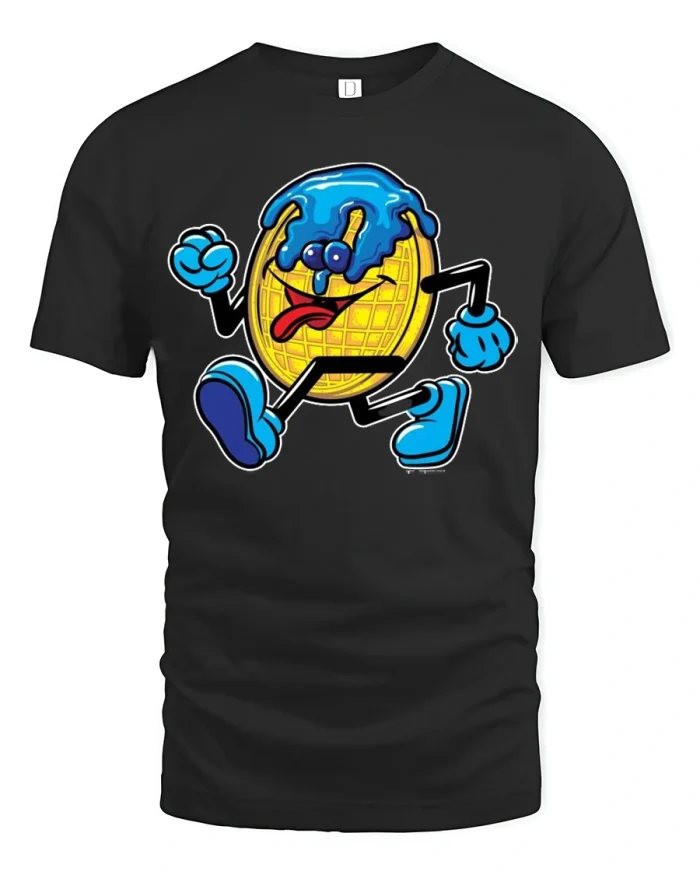 Crazy Syrup Waffle Cartoon Graphic Tshirt With Playful Street Energy - black t-shirt on white background