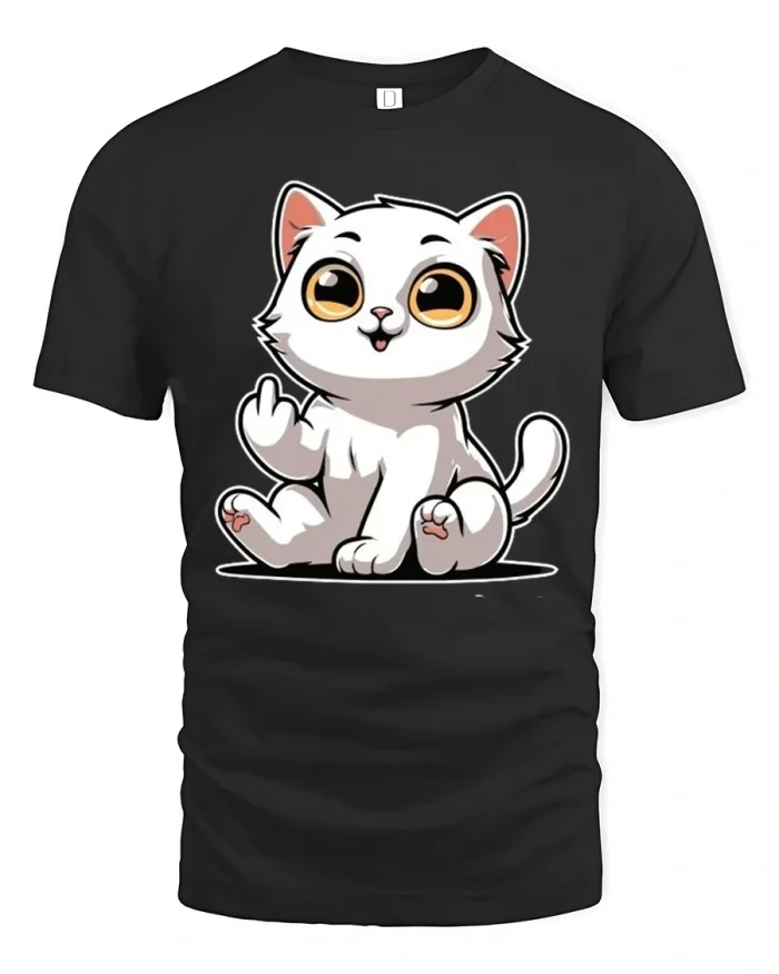 Funny Cute Cat Middle Finger Cartoon Graphic Tshirt - black t-shirt on white background