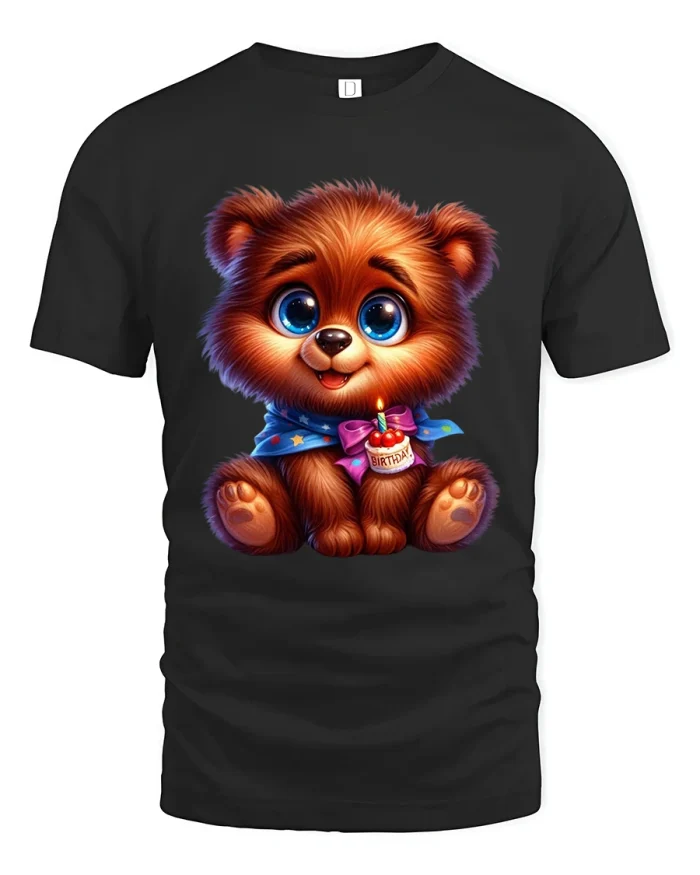 Cute Birthday Bear Cartoon Graphic Tee Sweet Happy Vibes - black t-shirt on white background