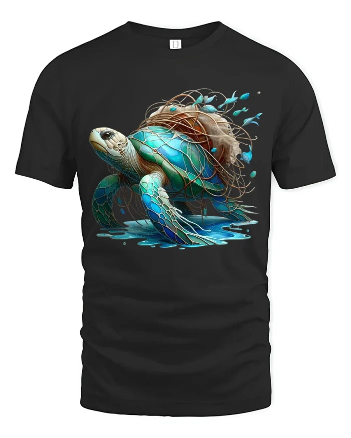 Ocean Turtle Rescue Art Graphic Tee Powerful Nature Message - black t-shirt on white background