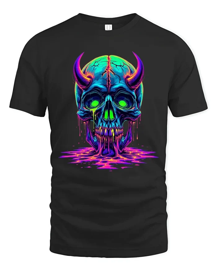 Neon Demon Skull Graphic Tee Dark Trippy Horror Art - black t-shirt on white background