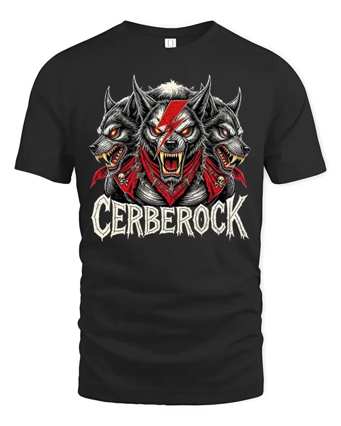 Cerberock Three Headed Wolf Graphic Tee Fierce Rock Energy - black t-shirt on white background
