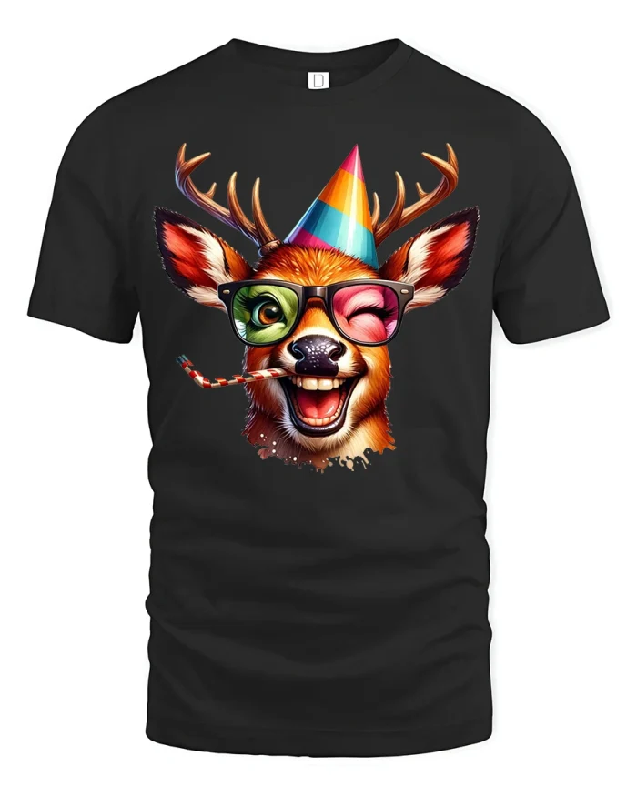 Funny Party Deer Cartoon Graphic Tee Colorful Happy Vibes - black t-shirt on white background