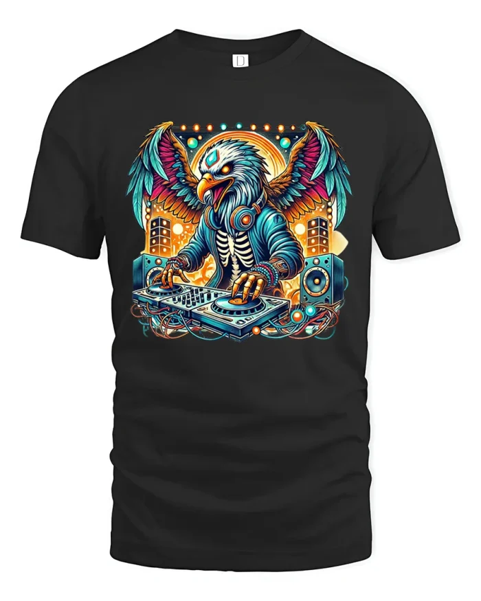 Epic DJ Eagle T Shirt With Neon Wings And Electric Music Vibe - black t-shirt on white background