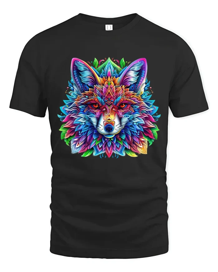 Vibrant Mandala Wolf T Shirt With Sacred Geometry Art Style - black t-shirt on white background