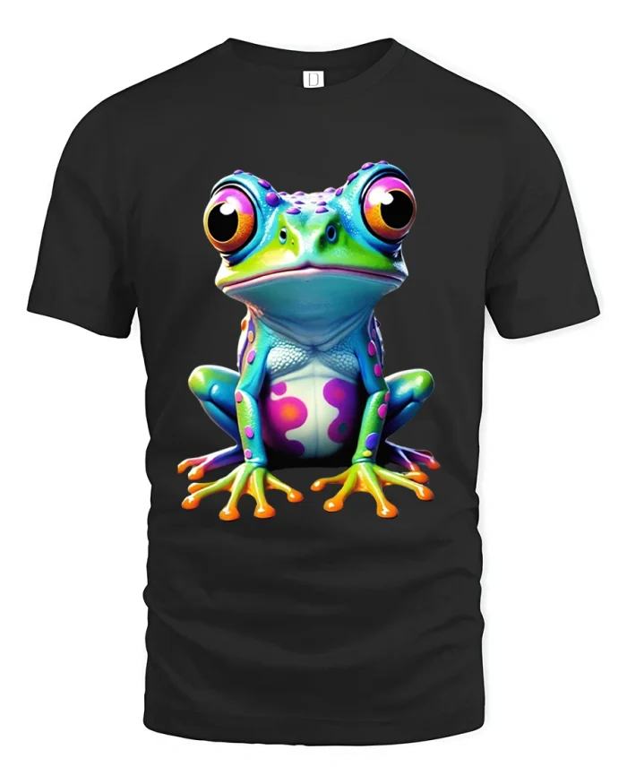 Cute Colorful Frog T Shirt With Big Eyes And Playful Art - black t-shirt on white background