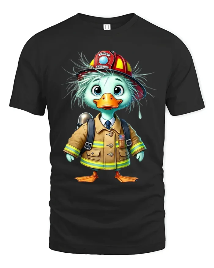 Cute Firefighter Duck T Shirt With Brave Hero Cartoon Style - black t-shirt on white background
