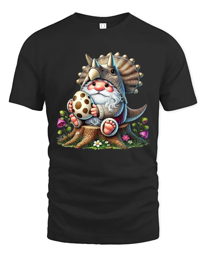 Cute Gnome Dinosaur T Shirt With Adorable Fantasy Cartoon Art - black t-shirt on white background
