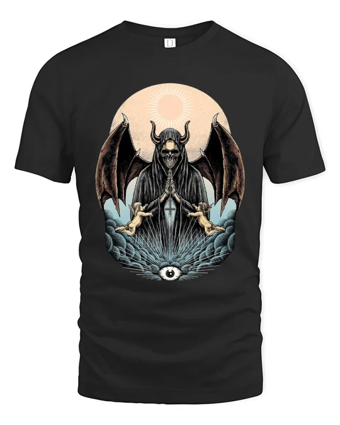 Dark Gothic Occult Skull Angel T Shirt With Mystical Symbol Art - black t-shirt on white background