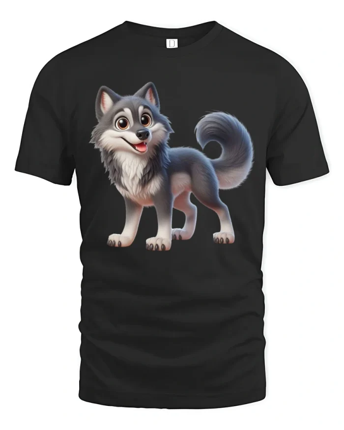 Cute Cartoon Wolf T Shirt With Playful Smile And Fluffy Tail - black t-shirt on white background