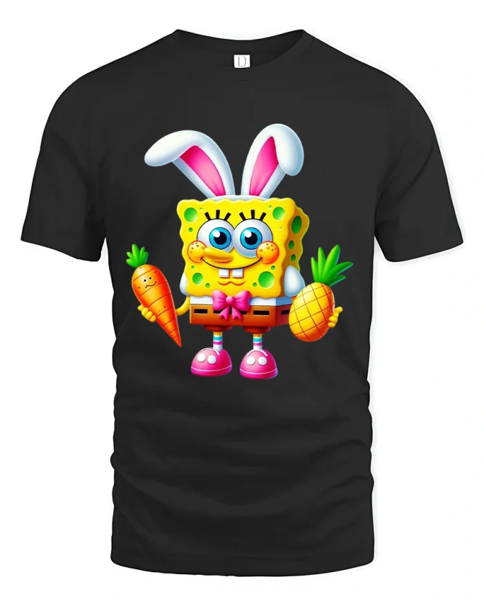 Cute Bunny Costume Cartoon Sponge Tee With Funny Easter Vibe - black t-shirt on white background