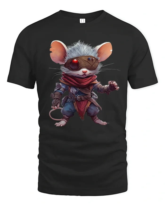 Fantasy Warrior Mouse Graphic Tshirt With Cute Brave Style - black t-shirt on white background