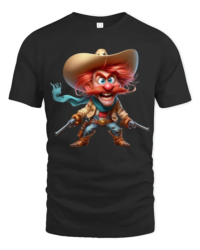 Funny Cartoon Cowboy Gunslinger Graphic Tshirt With Wild Style - black t-shirt on white background