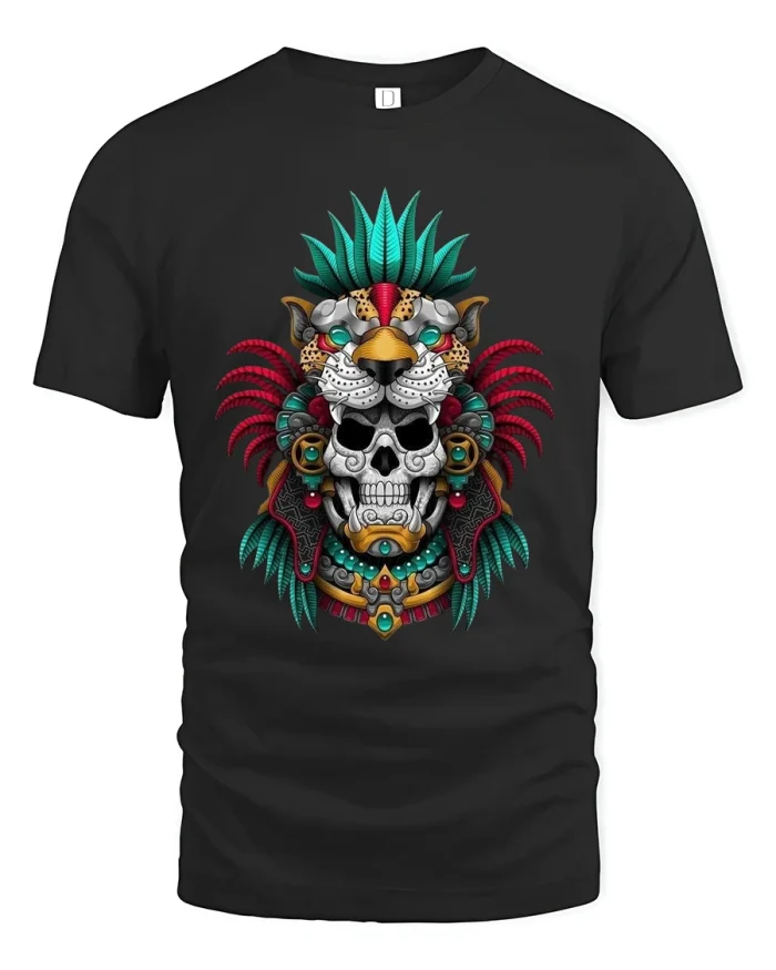 Tribal Jaguar Skull Graphic Tshirt With Bold Ancient Power - black t-shirt on white background
