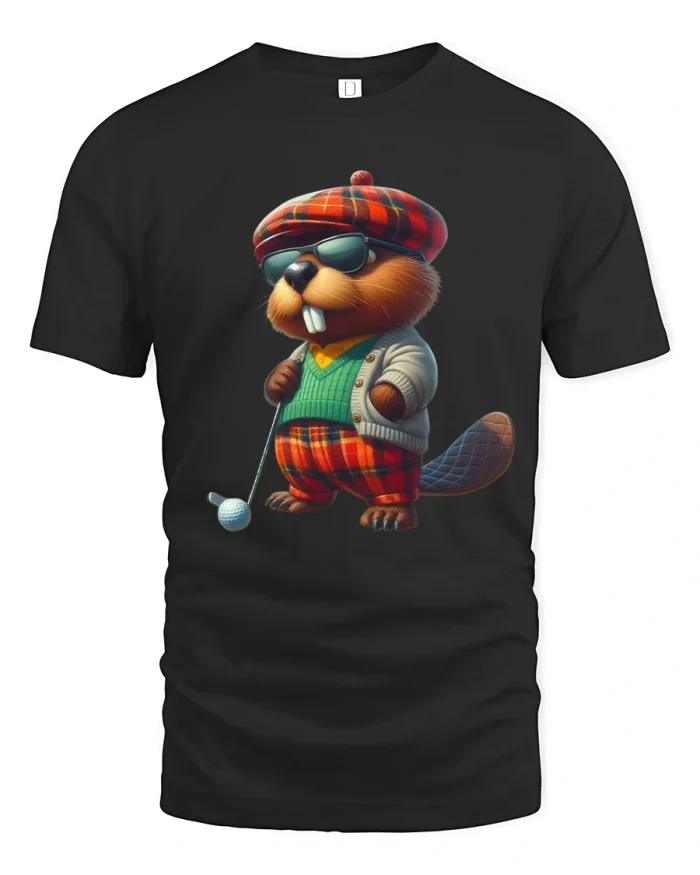 Funny Beaver Golfer Graphic Tshirt With Cool Retro Style - black t-shirt on white background