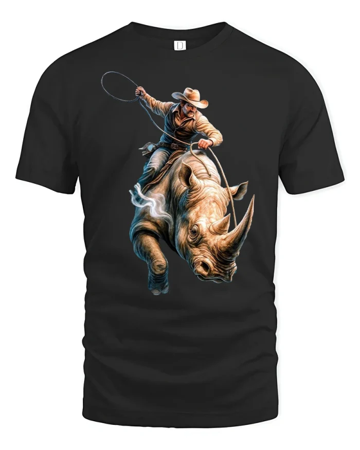 Fearless Cowboy Riding Rhino Graphic Tshirt With Wild Spirit - black t-shirt on white background