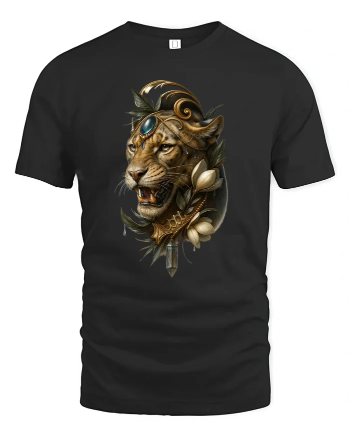 Cyberpunk Tiger Headphone Fusion Neon Tech Art Graphic Tee - black t-shirt on white background