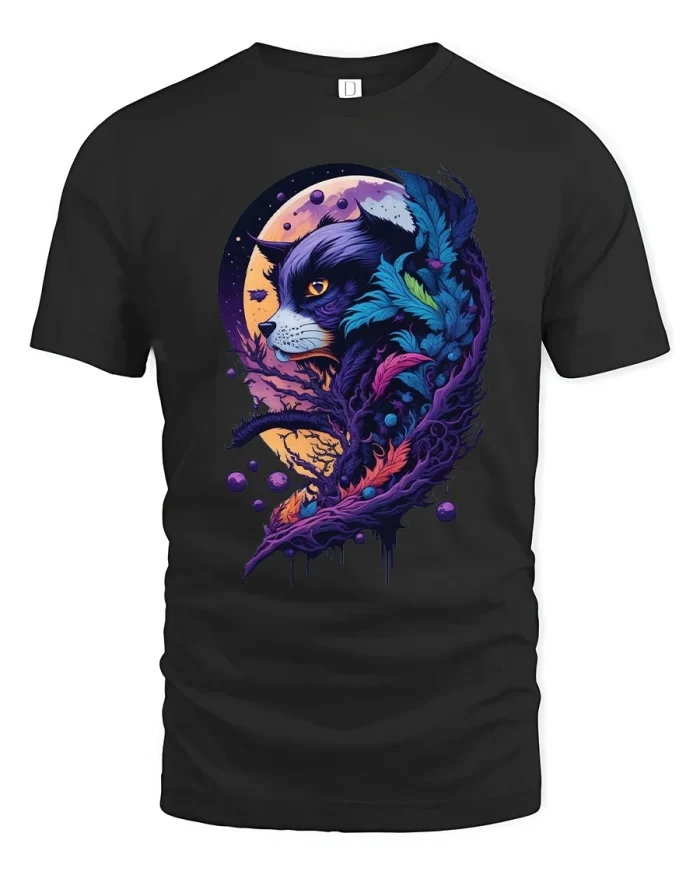 Mystical Wolf Moon Fantasy Art Graphic Tshirt Design - black t-shirt on white background