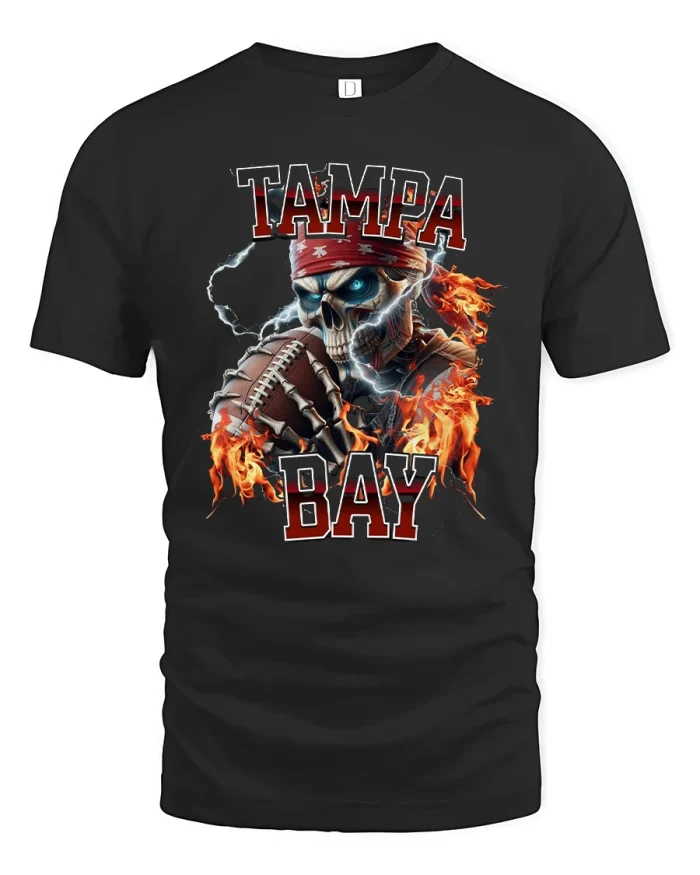 Tampa Bay Skull Football Fire Graphic Tshirt Design - black t-shirt on white background