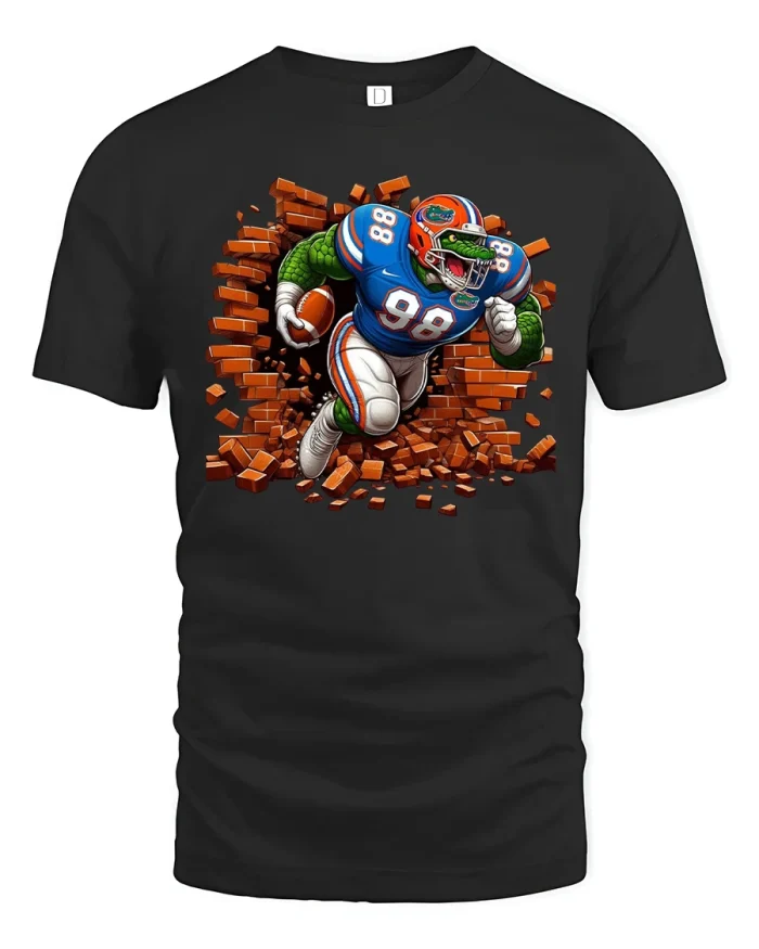 Fierce Football Gator Wall Breaker Cartoon Graphic Tee - black t-shirt on white background