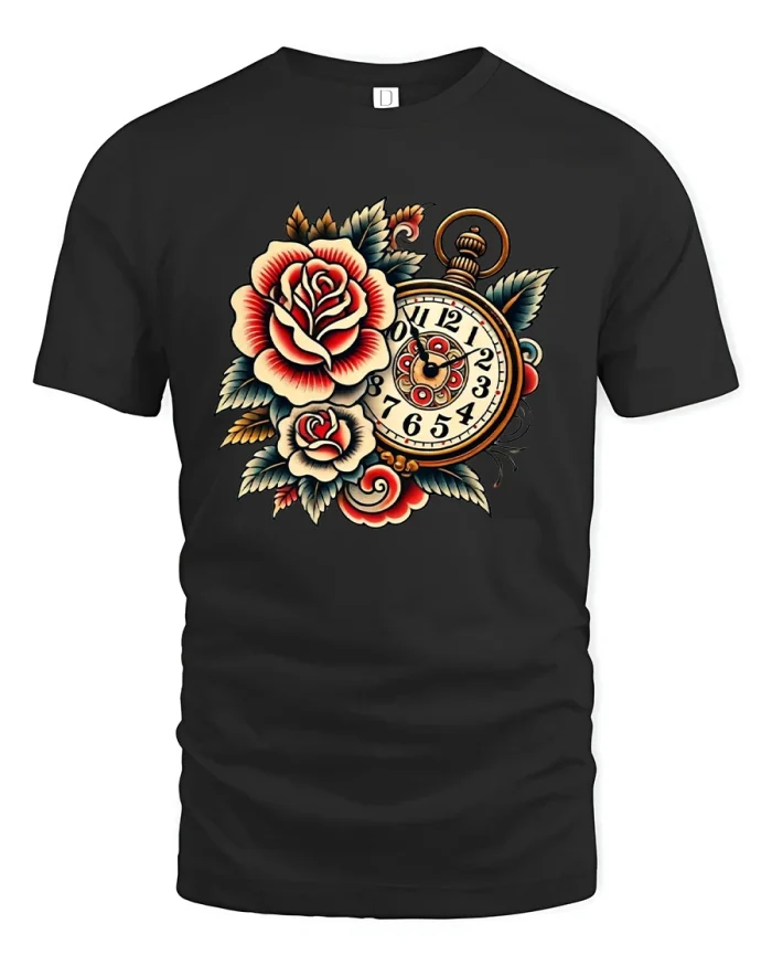 Vintage Rose Pocket Watch Tattoo Style Graphic T Shirt Design - black t-shirt on white background