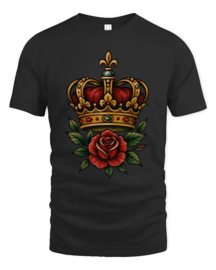 Royal Crown And Rose Tattoo Style Classic Graphic T Shirt - black t-shirt on white background