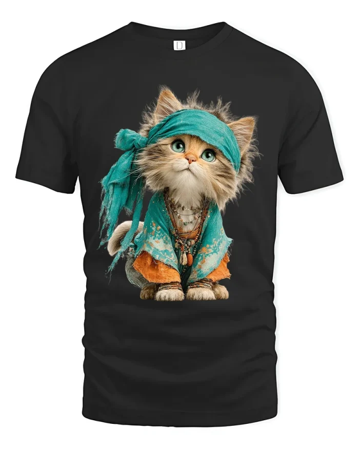 Boho Style Cute Cat With Scarf Artistic Graphic T Shirt Design - black t-shirt on white background