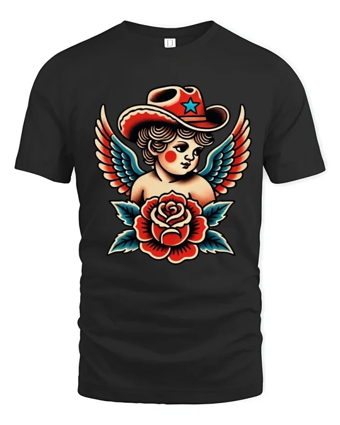 Vintage Cowboy Angel Cherub With Rose Tattoo Style Graphic T Shirt - black t-shirt on white background