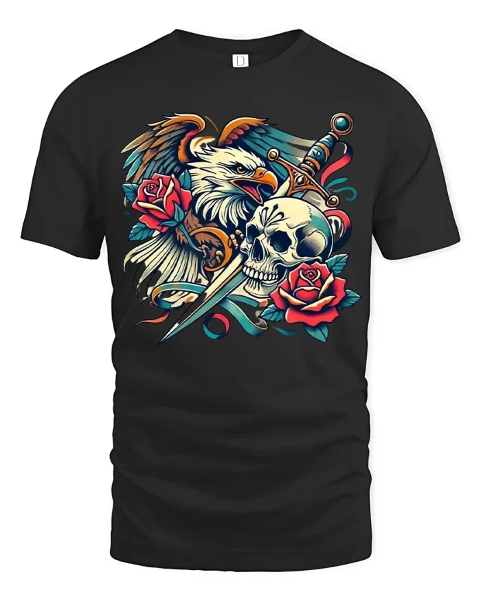 Eagle Skull Dagger And Rose Traditional Tattoo Style Graphic T Shirt - black t-shirt on white background