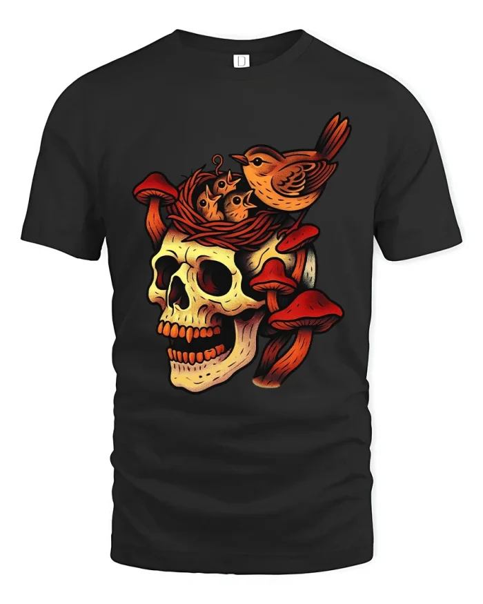 Surreal Skull With Bird Nest Mushrooms Dark Art Graphic T Shirt - black t-shirt on white background