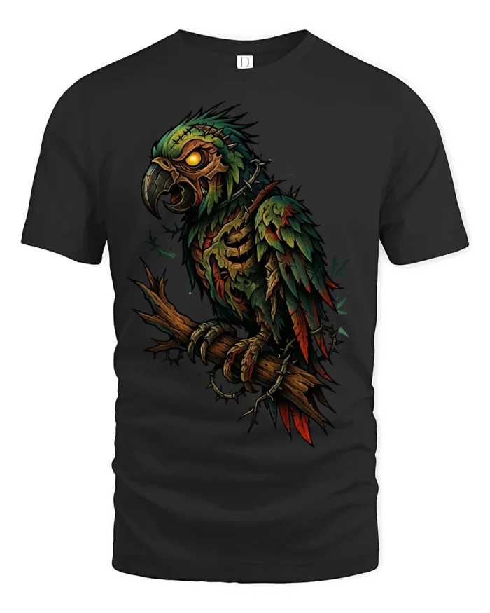 Dark Forest Undead Parrot Graphic Tee Vintage Horror Art Style - black t-shirt on white background