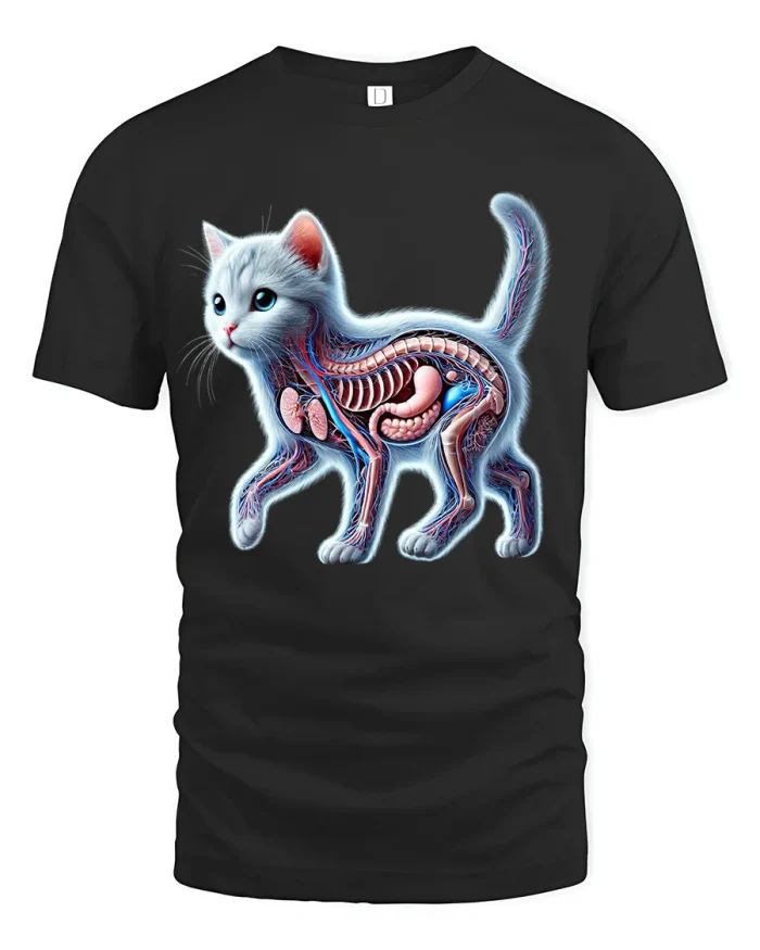 Cute Anatomical Cat Illustration Graphic Tee Science Art Style - black t-shirt on white background