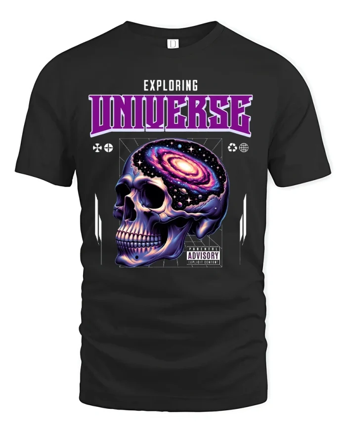 Exploring Universe Cosmic Skull Graphic Tee Psychedelic Art Style - black t-shirt on white background